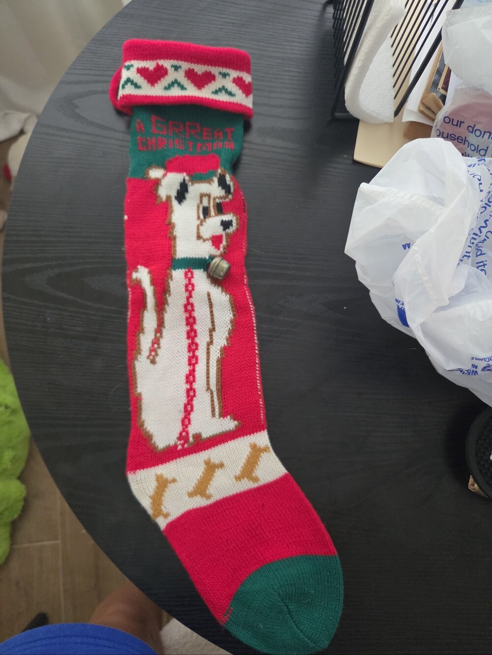 Vintage Red and Green Dog Holiday Stocking with Bells
